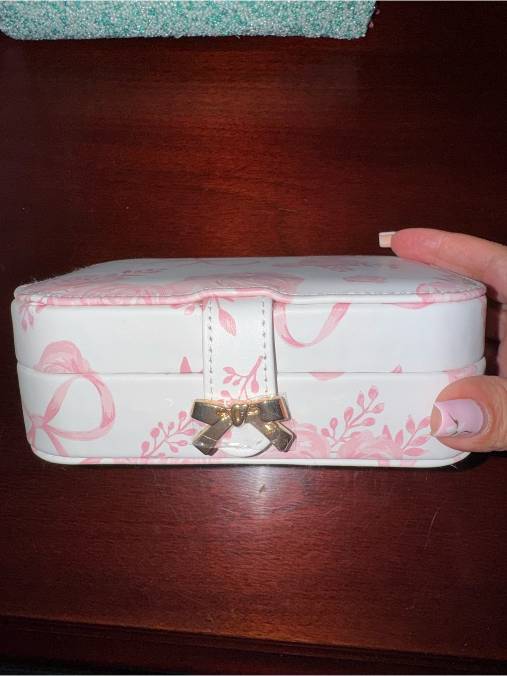 White & Pink Floral Jewelry Organizer with Gold Bow Accent